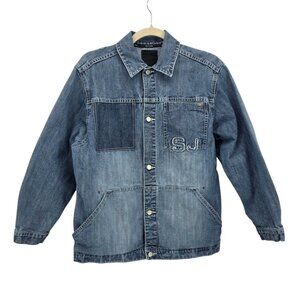 Vintage Sean John Boys Large Jacket Denim Jean Distressed Logo Relaxed Fit